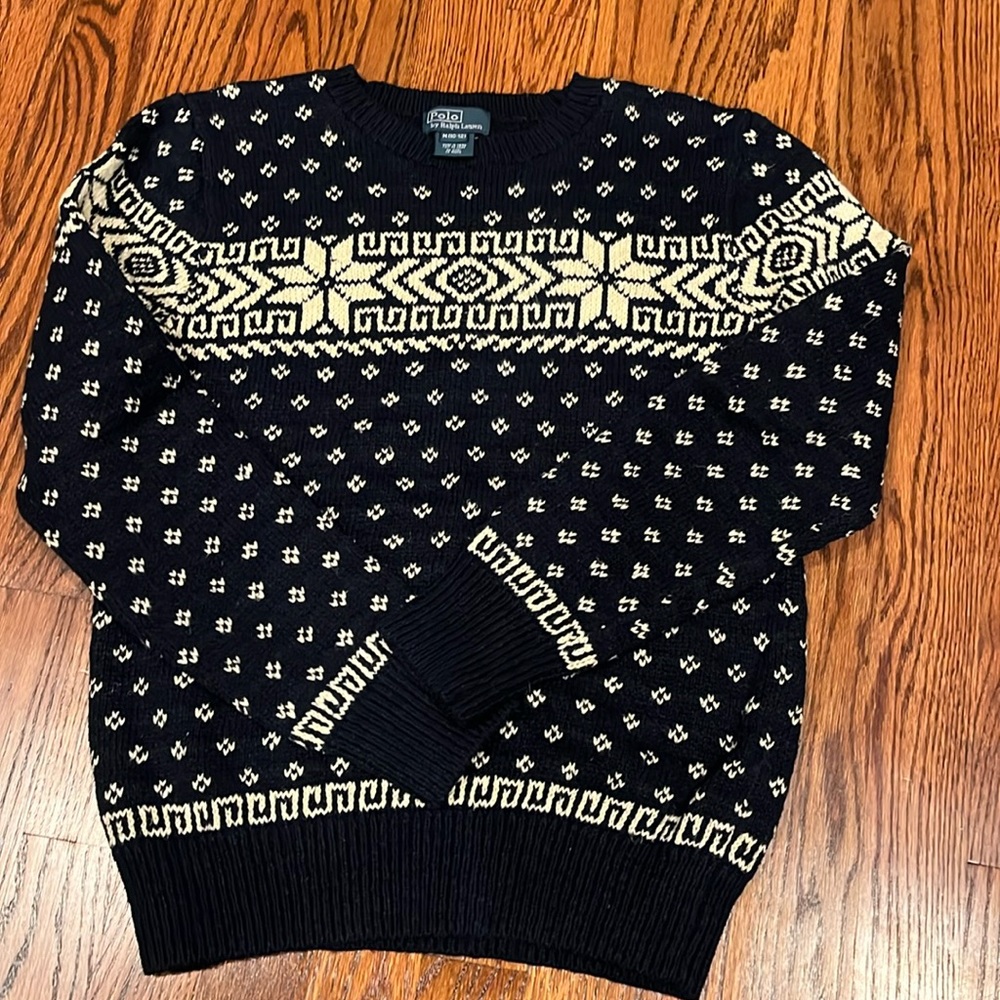 Navy and cream Polo Ralph Lauren fair isle crew neck sweater Boys M 10-12